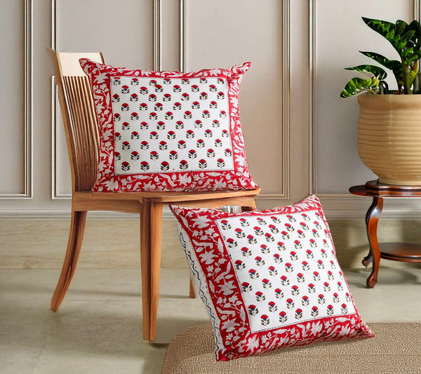 SCARLET BLOOM HAND BLOCK COTTON CUSHION COVER SET – 16x16 - newkasa