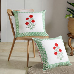 MARIGOLD VERDE HAND BLOCK COTTON CUSHION COVER  SET  – 16x16 - newkasa