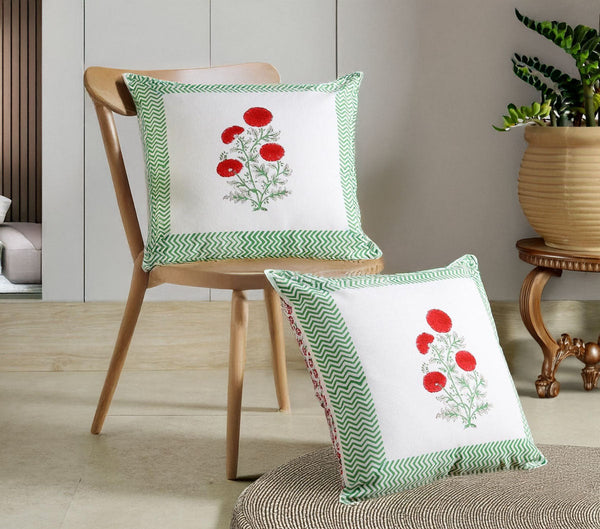 MARIGOLD VERDE HAND BLOCK COTTON CUSHION COVER  SET  – 16x16 - newkasa