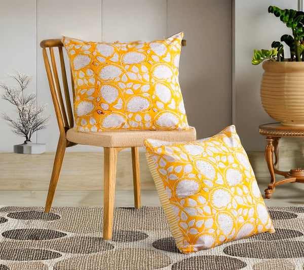 SUNSHINE FLORAL ARTISANAL HAND BLOCK COTTON CUSHION COVER SET – 16x16 - newkasa