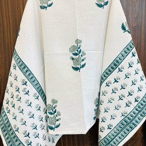 “Newkasa Sheetal Jaipuri Hand Block Printed Cotton Waffle Bath Towel in teal floral design, handcrafted in Jaipur Rajasthan — lightweight, absorbent, and soft cotton towel for spa and home use.”
