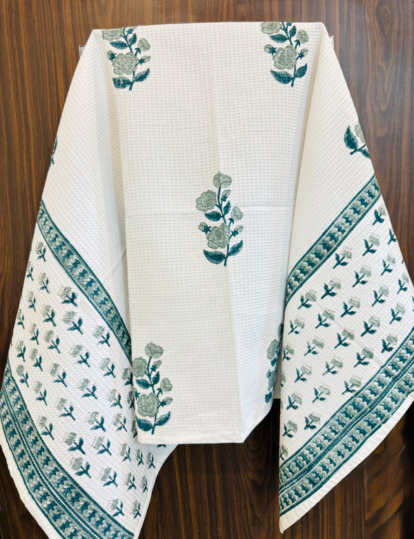 “Newkasa Sheetal Jaipuri Hand Block Printed Cotton Waffle Bath Towel in teal floral design, handcrafted in Jaipur Rajasthan — lightweight, absorbent, and soft cotton towel for spa and home use.”