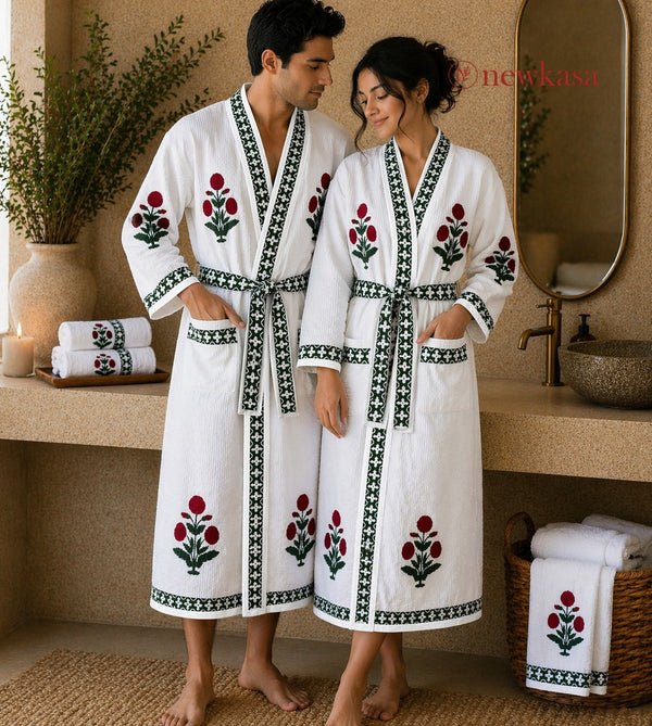 Ruhani Waffle Handblock Printed Bathrobe
