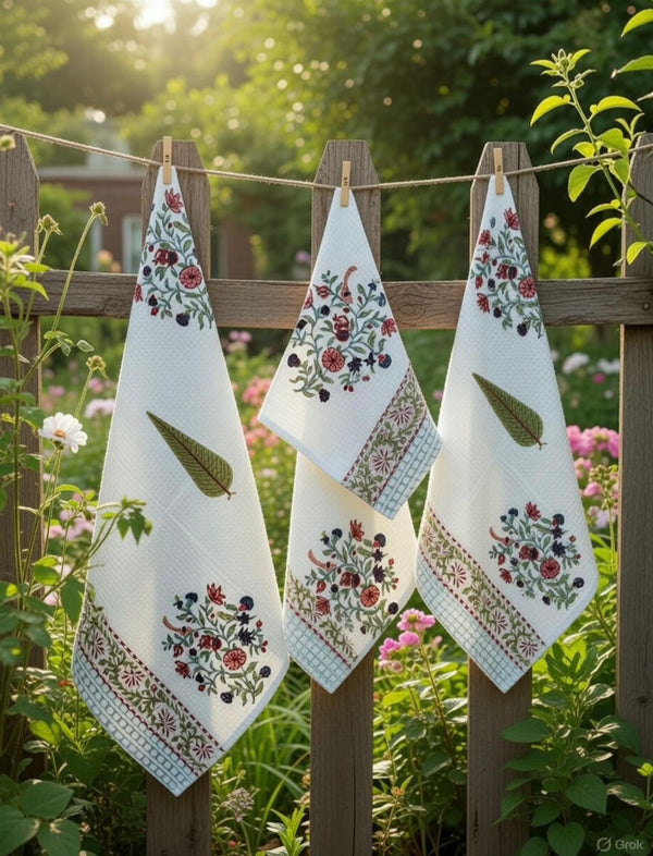 Sanganeri Floral Buta Handblock waffle Bath Towel