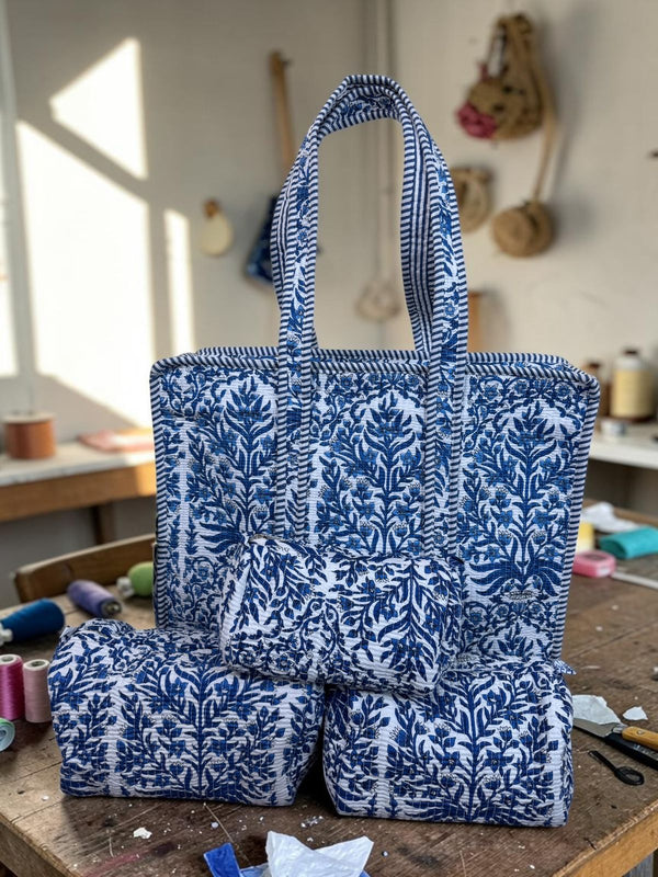 Quilted Tote Bag - Indigo Botanica