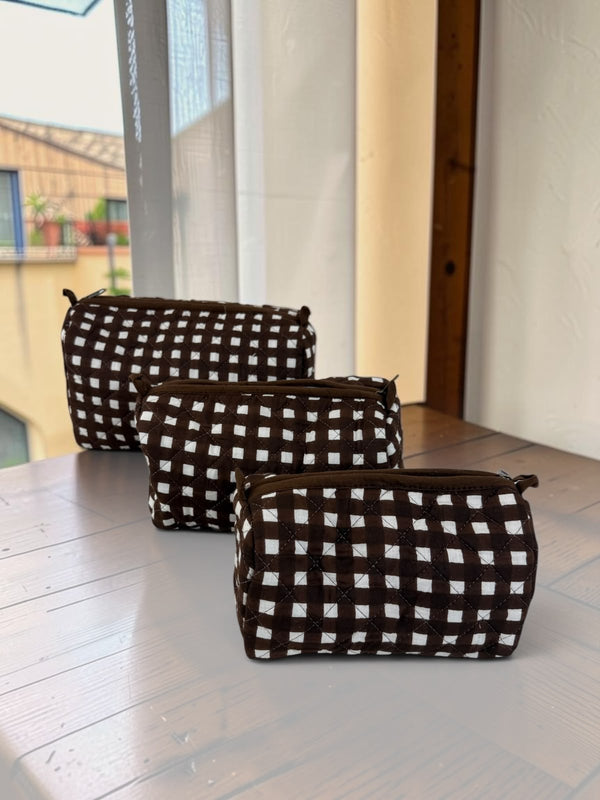 Espresso Gingham Cotton Pouch Set
