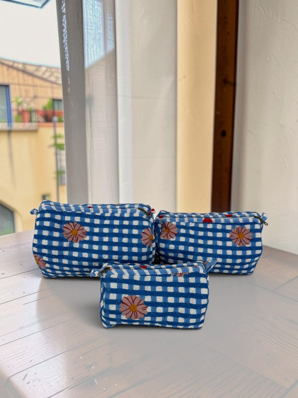 Blue Daisy Gingham Pouch Set