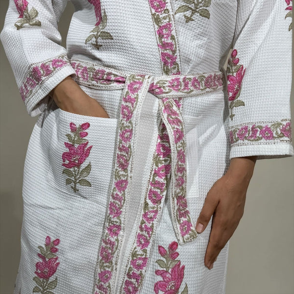 Pushp Vatika Waffle Handblock Printed Cotton Bathrobe