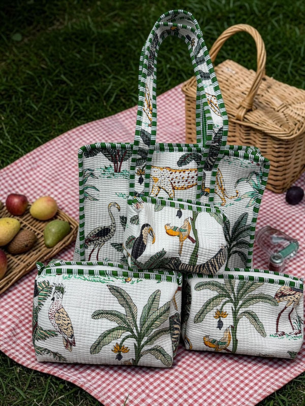 Emerald Safari Quilted Cotton Tote Bag with Inner Pocket