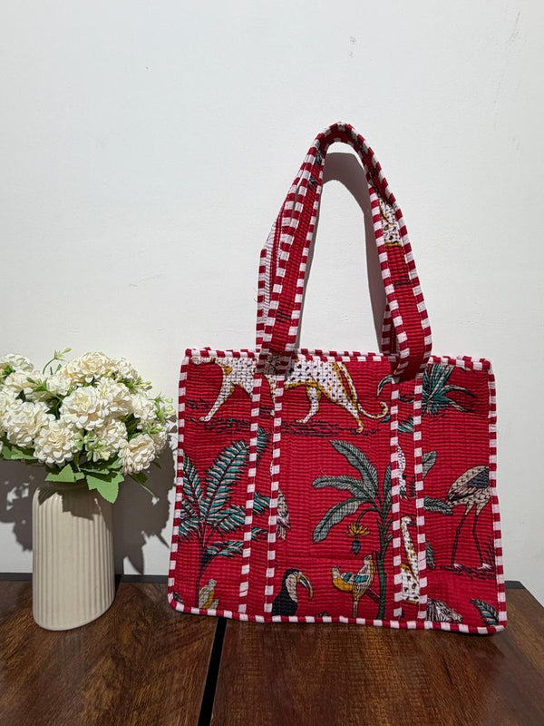 Red Jungle Quilted Cotton Tote Bag with Inner Pocket – 16x18