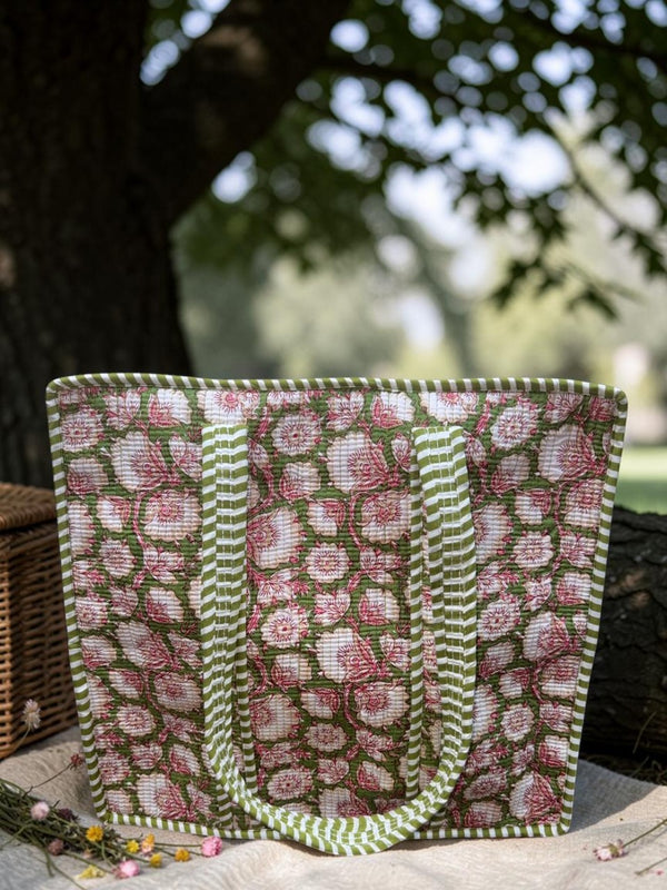 Olive Bloom Quilted Tote Bag