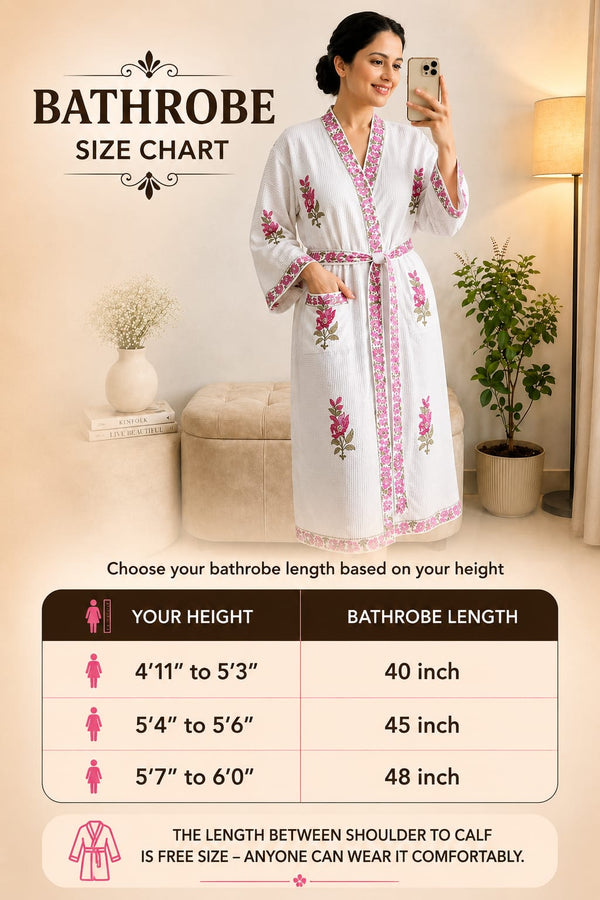 Pushp Vatika Waffle Handblock Printed Cotton Bathrobe