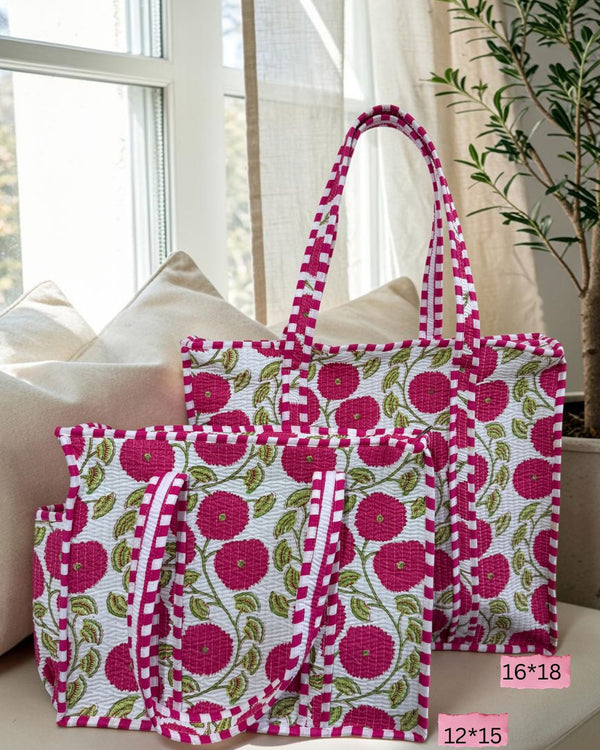Rosy Bloom Quilted Tote Bag