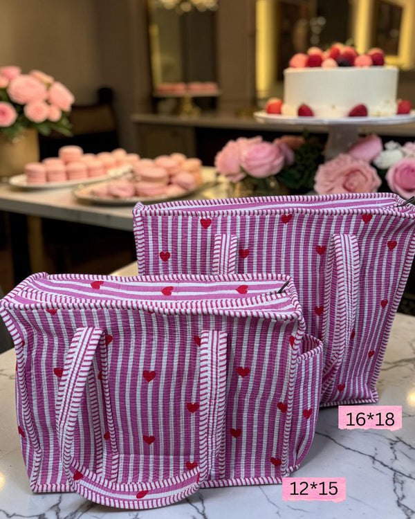 Pink Heart Stripe Quilted Tote Bag