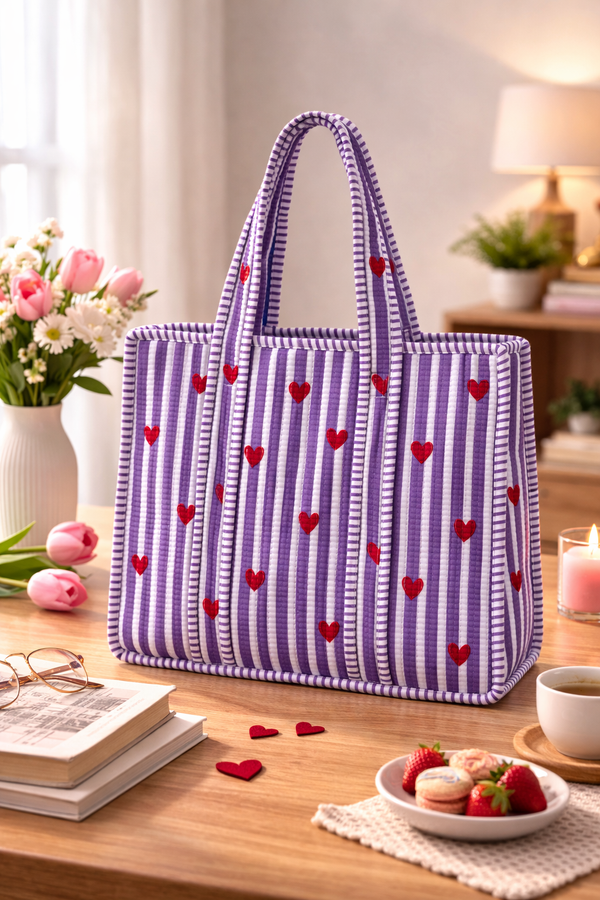 Lavender Heart Stripe Quilted Cotton Tote Bag – 14x14