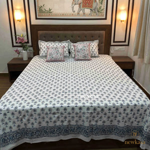 AZURE PALM PREMIUM HANDBLOCK COTTON BEDSHEET (KING SIZE 108*108) - newkasa