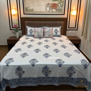 ROYAL BLUE BLOOM VASE JAIPURI HANDBLOCK COTTON BEDSHEET (KING SIZE 108*108) - newkasa