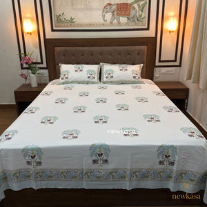 ELEPHANT & PALM TREE BLOCK PRINTED PREMIUM COTTON BEDSHEET (King SIZE 108*108) - newkasa